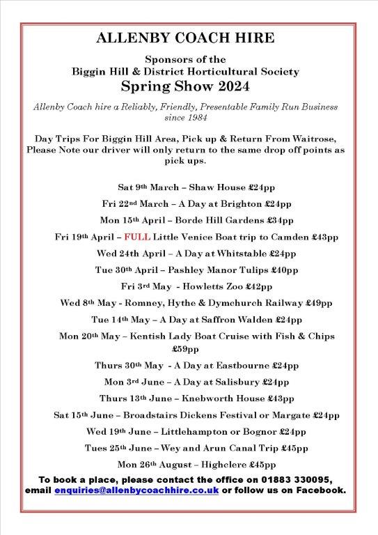 Allenby Coach Hire, sponsors, spring show April 2024, Biggin hill & district horticultural society